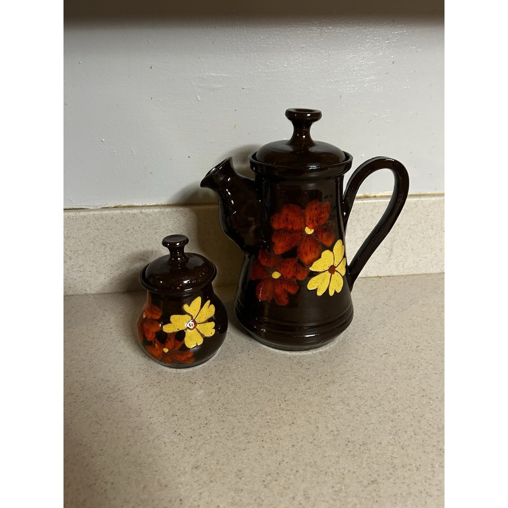 Vintage 70's Hand painted Tea/coffee Pot With Sugar Bowl Clay‎ Glazed Flowers
